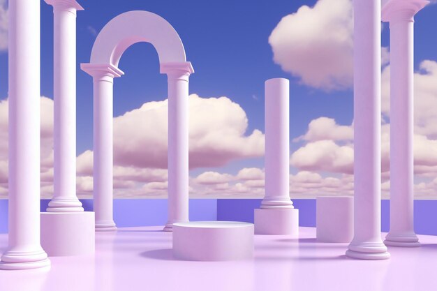 White marble podium with arch and clouds in the sky