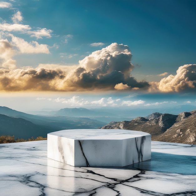 White marble podium with beautiful sky and clouds Ai Generated