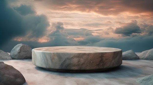 White marble podium with beautiful sky and clouds