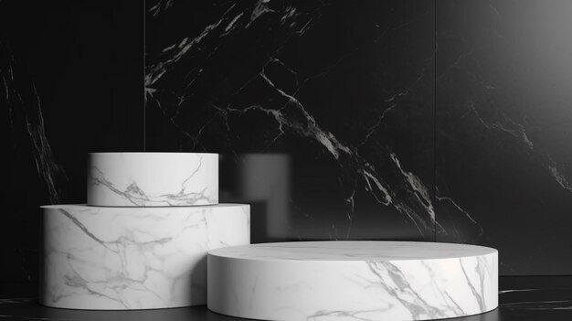 A white marble podium with a black background.