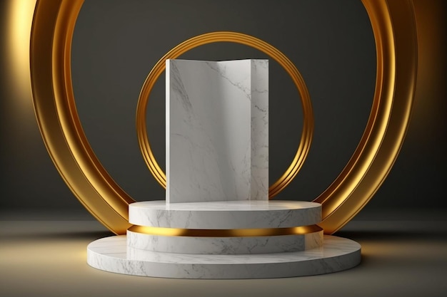 A white marble podium with a gold ring around it.