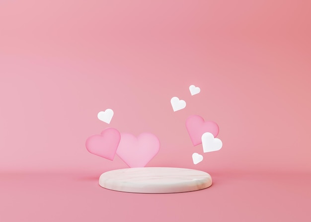 White marble podium with hearts on pink background. Valentine's Day. Podium for product, cosmetic presentation. Creative mock up. Pedestal or platform for beauty products. 3D illustration.