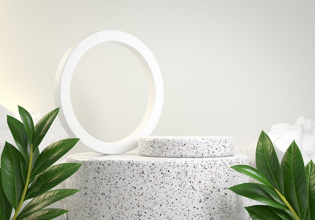 White marble podium with leaves