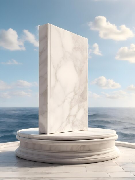 white marble podium with ocean sky background