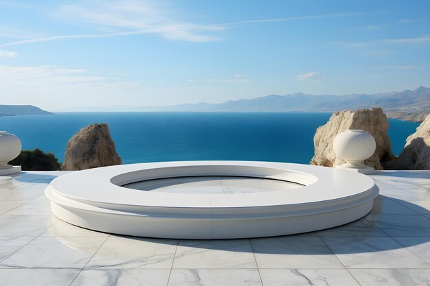 White marble podium with sea view on background