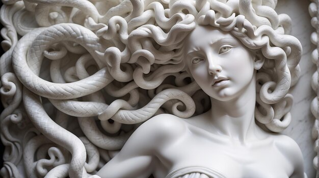 Foto scultura in marmo bianco di medusa da vicino