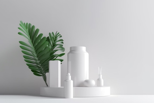 A white marble staircase with a green leaf on it product showcase podium generative ai