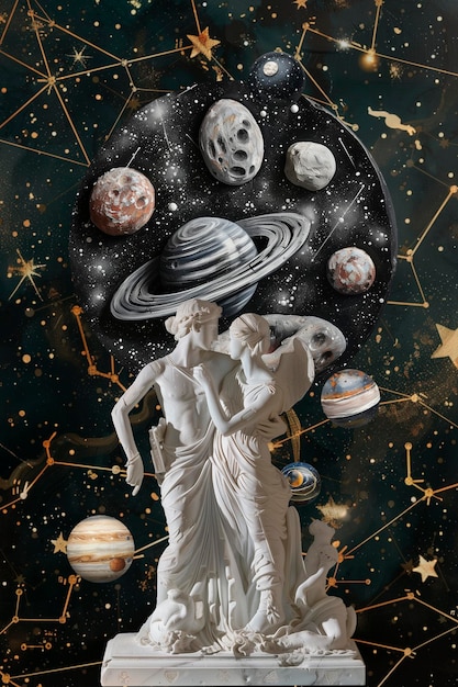 a white marble statue with a man on his back and the moon in the background