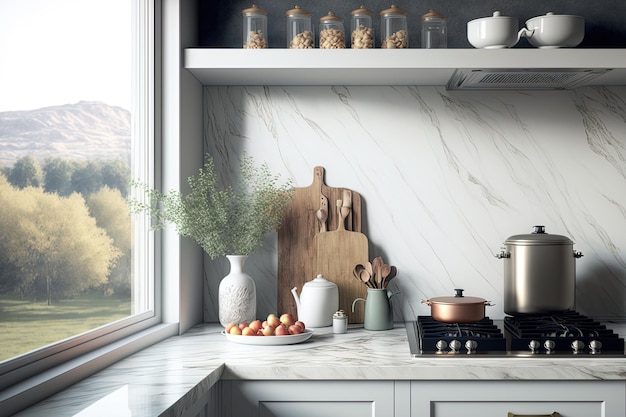 Столешница из белого мрамора и туманный фон на кухне
