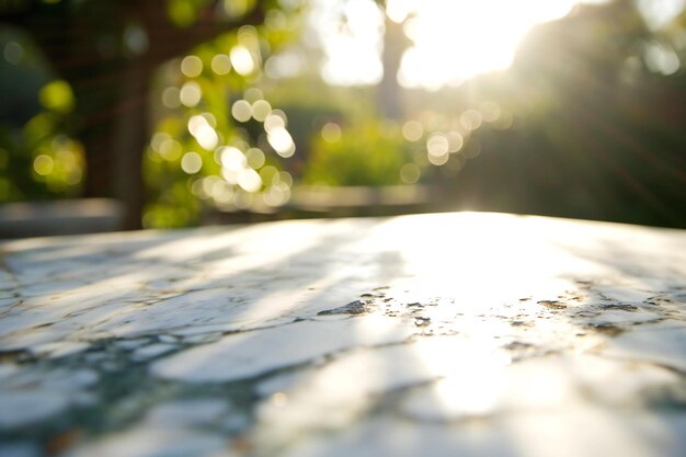 Photo white marble table in garden with sun light bokeh background