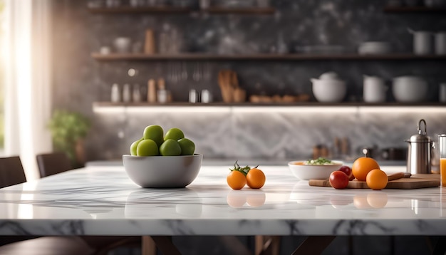 White marble table top blurred modern kitchen background Ai Generated