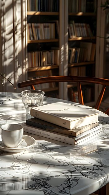 White marble table with books Reading interior High resolution