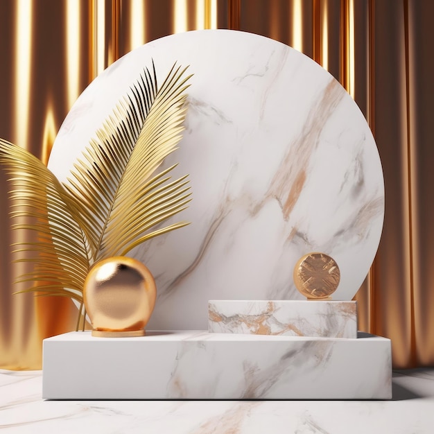 A white marble table with a clock and a gold leaf