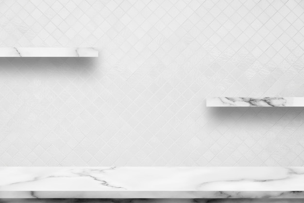 White marble table with decorative interior white ceramic room wall background.