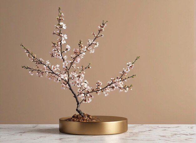 a white marble table with a gold base and a white cherry blossom tree