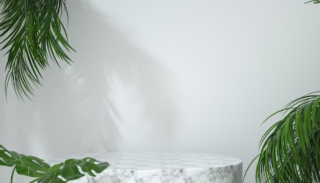 A white marble table with a green plant next to it