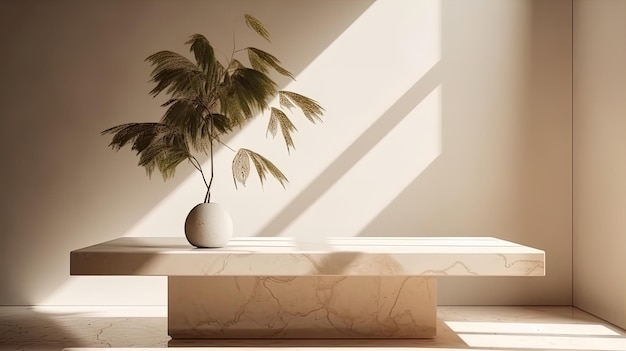 A white marble table with a plant on it