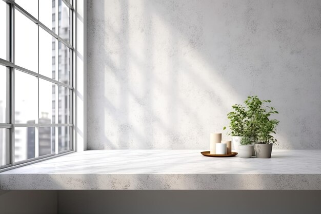 White marble tabletop or countertop in loft modern and minimal concrete wall room