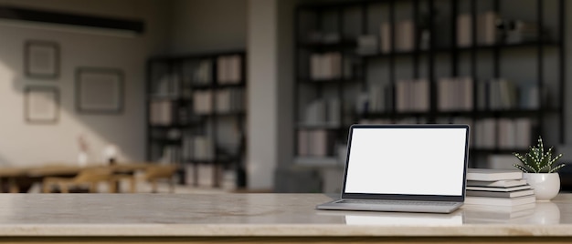 White marble tabletop workspace with laptop mockup and copy space over blurred living room