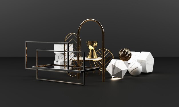 white marble texture geometric shape and gold with stainless with glass object group set 3d render abstract scene blank podium with black background