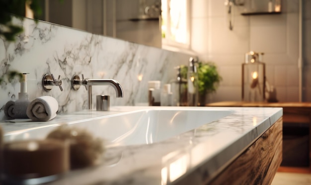 White marble tile in a bathroom with a wooden countertop
