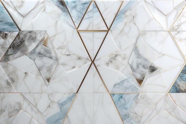 A white marble tile with gold lines and a gold border.