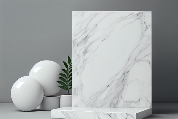 A white marble tile with a green plant next to it.