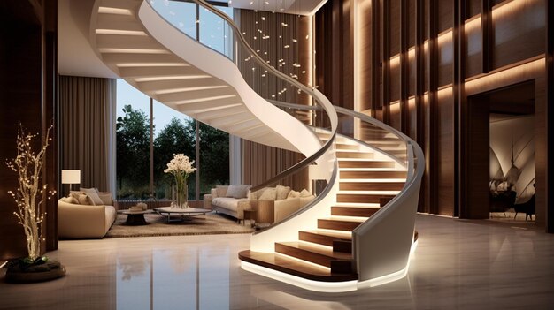 White marble Ushaped floating staircase illuminated by LED strip lights adorned with a balustrade