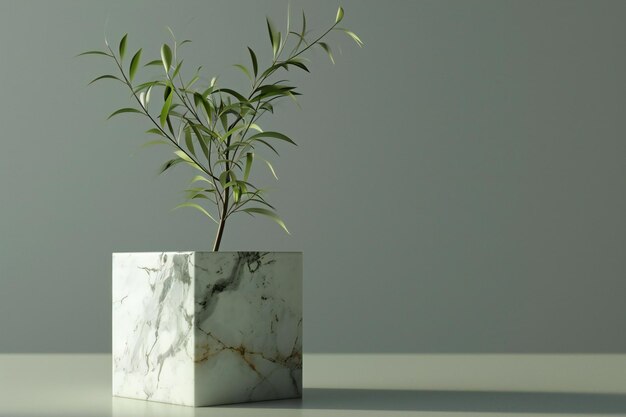 A white marble vase with a plant in it