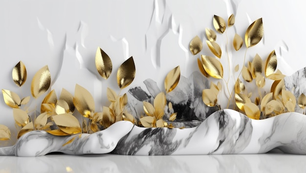 A white marble wall with gold leaves on it.
