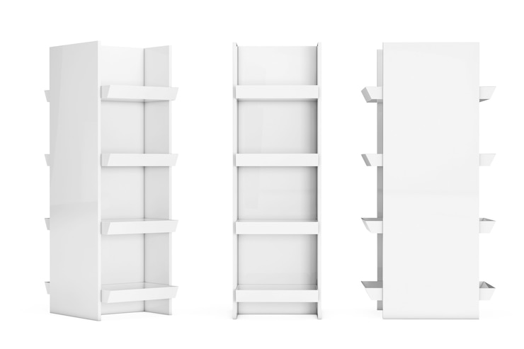 Photo white market racks shelves showing products on a white background. 3d rendering