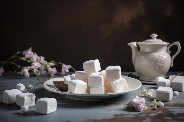 White marshmallows on a plate and a teapot 3d