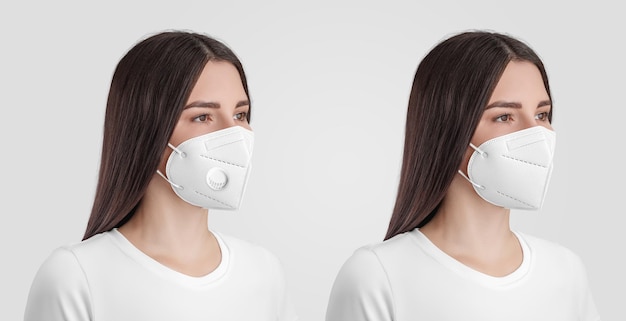 Photo white mask template with exhalation valve ffp3 on a nurse a girl in a medical mask with and without