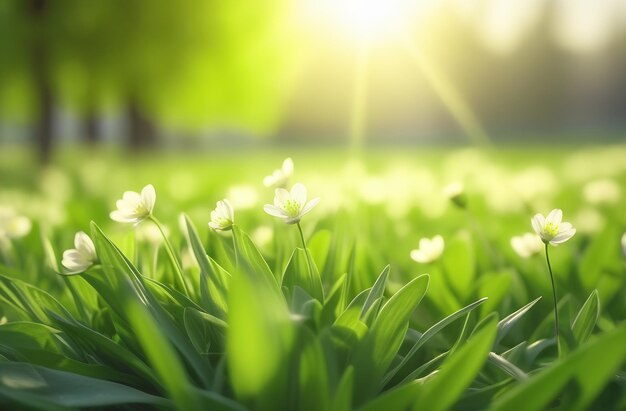 写真 白い草原の花がパノラマに輝く 朝の太陽の光の下 春と夏の自然