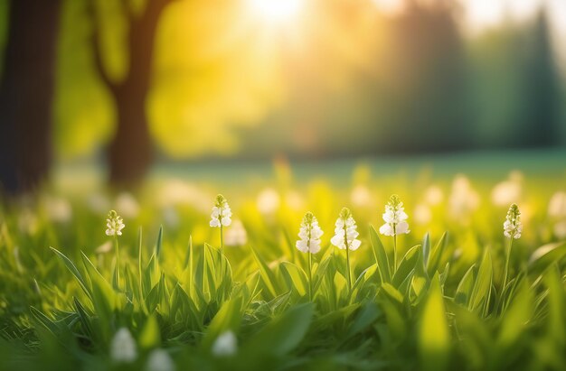 白い草原の花がパノラマに輝く 朝の太陽の光の下 春と夏の自然