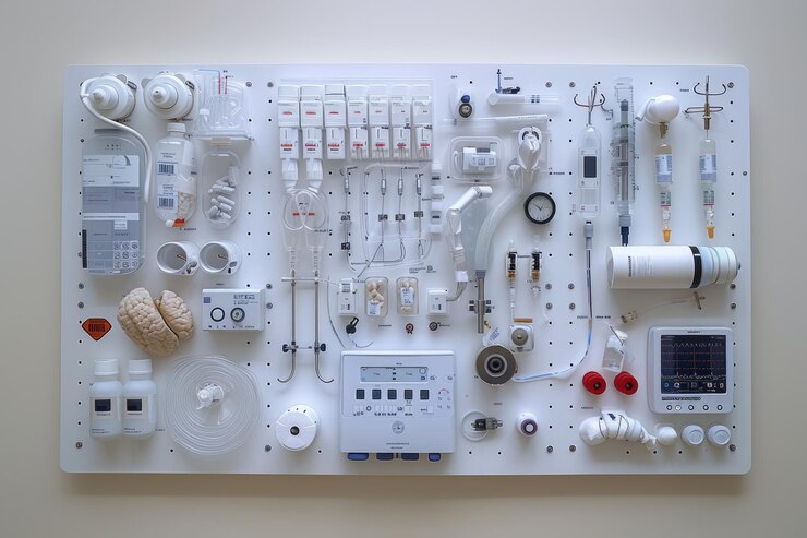 Photo 白い医療機器と用品が壁のパネルに展示されている