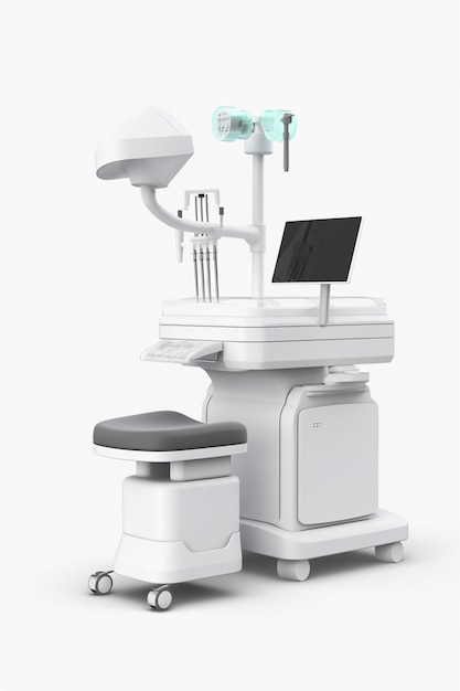 Photo a white medical equipment with a black foot stool and a black foot stool.