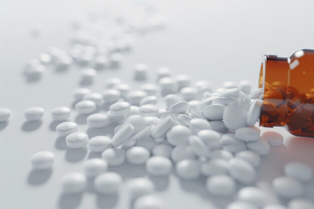 White medical pills and tablets spilling out of a drug bottle Macro top down view with copy space