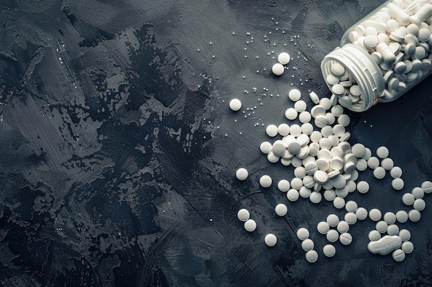 White medical pills and tablets spilling out of a drug bottle Macro top down view with copy space