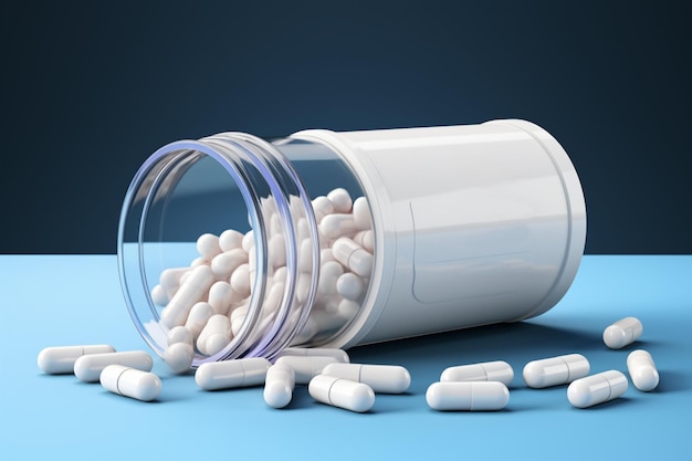 White medicine bottle filled with capsules depicted in detailed 3D rendering