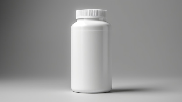 A white medicine bottle with a white cap on it.