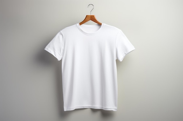 Photo white men's tshirt mockup template hanging on a hanger on a light neutral background