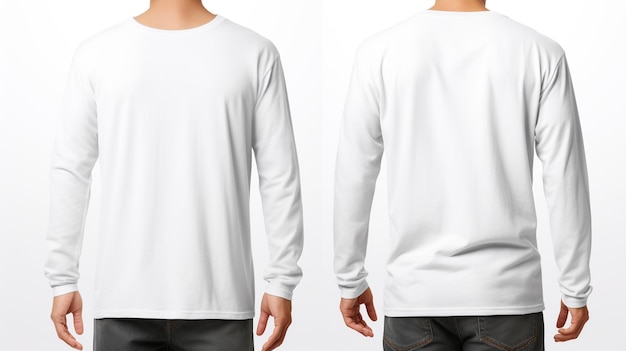 White Men Tshirt with long sleeves Front and back view vector on white background