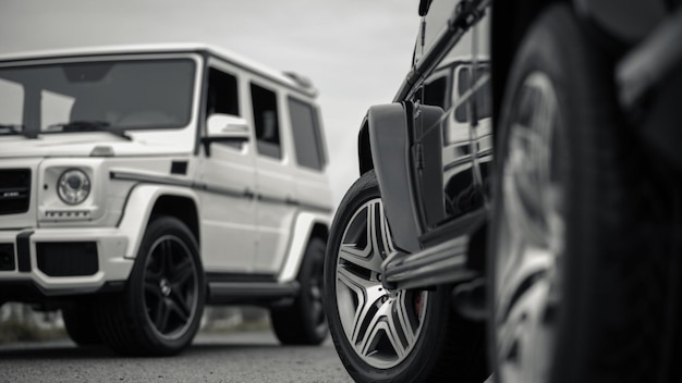 Foto una mercedes bianca - benz g - class è parcheggiata in un parcheggio.