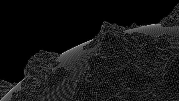 White mesh deformed sphere black background closeup abstract\
illustration 3d render