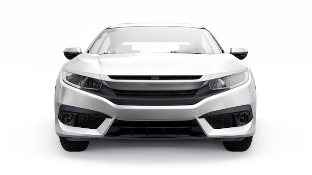 White mid-size urban family sedan on a white uniform background. 3d rendering.