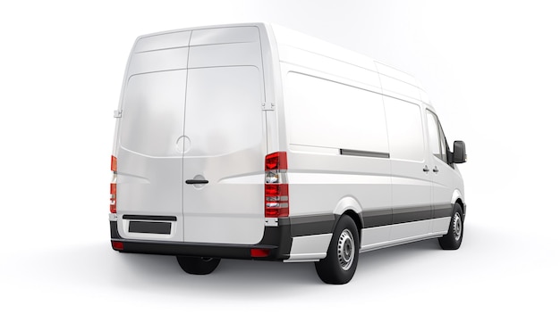 White midsize commercial van on a white background A blank body for applying your design inscriptions and logos 3d illustration