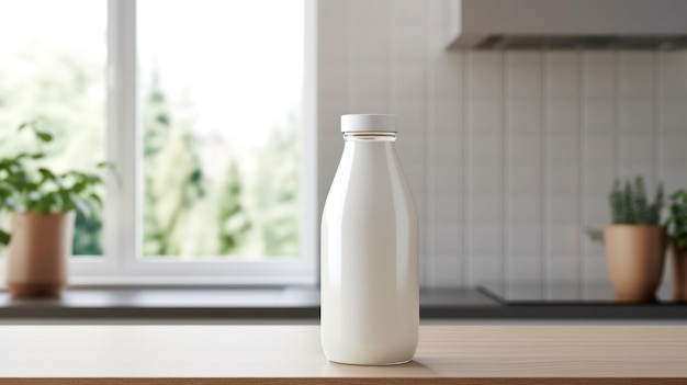 white milk bottle with blank front realistic on a mockup template in a wooden table