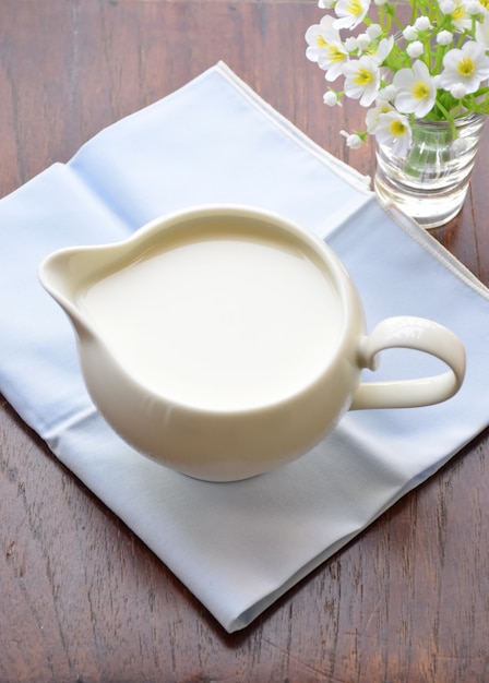  white milk in jar on wood table