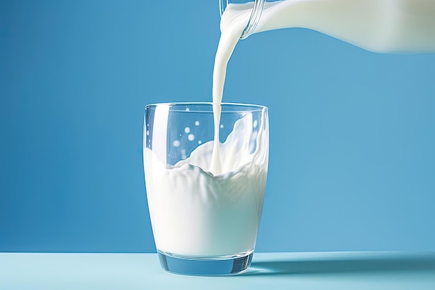 白い牛乳は ⁇ 精密主義の影響のスタイルで青い背景のグラスに注がれます ⁇ 